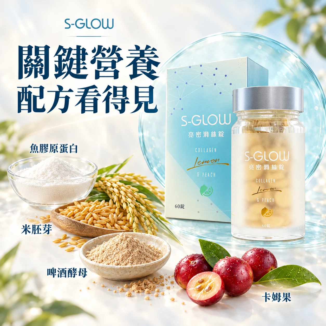 關鍵營養,配方看得見。魚膠原蛋白、米胚芽、啤酒酵母與卡姆果意象。