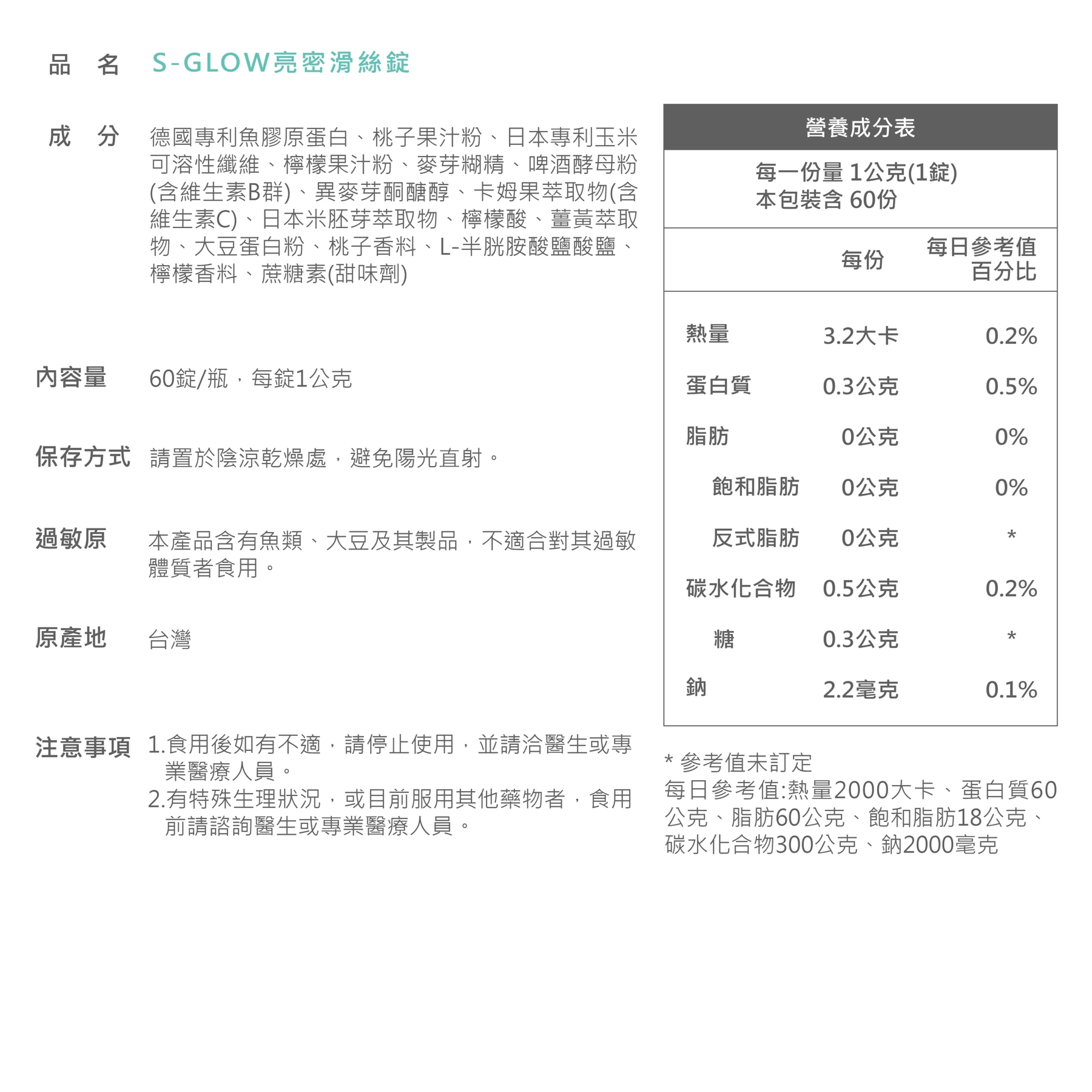 亮密滑絲錠完整成分、營養標示、過敏原與保存方式